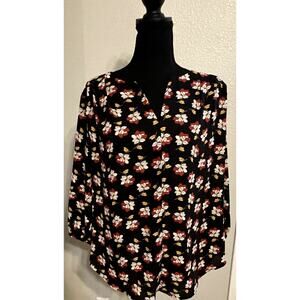Pleione Black Floral Blouse 3/4 Sleeve Pleated Shoulders size L